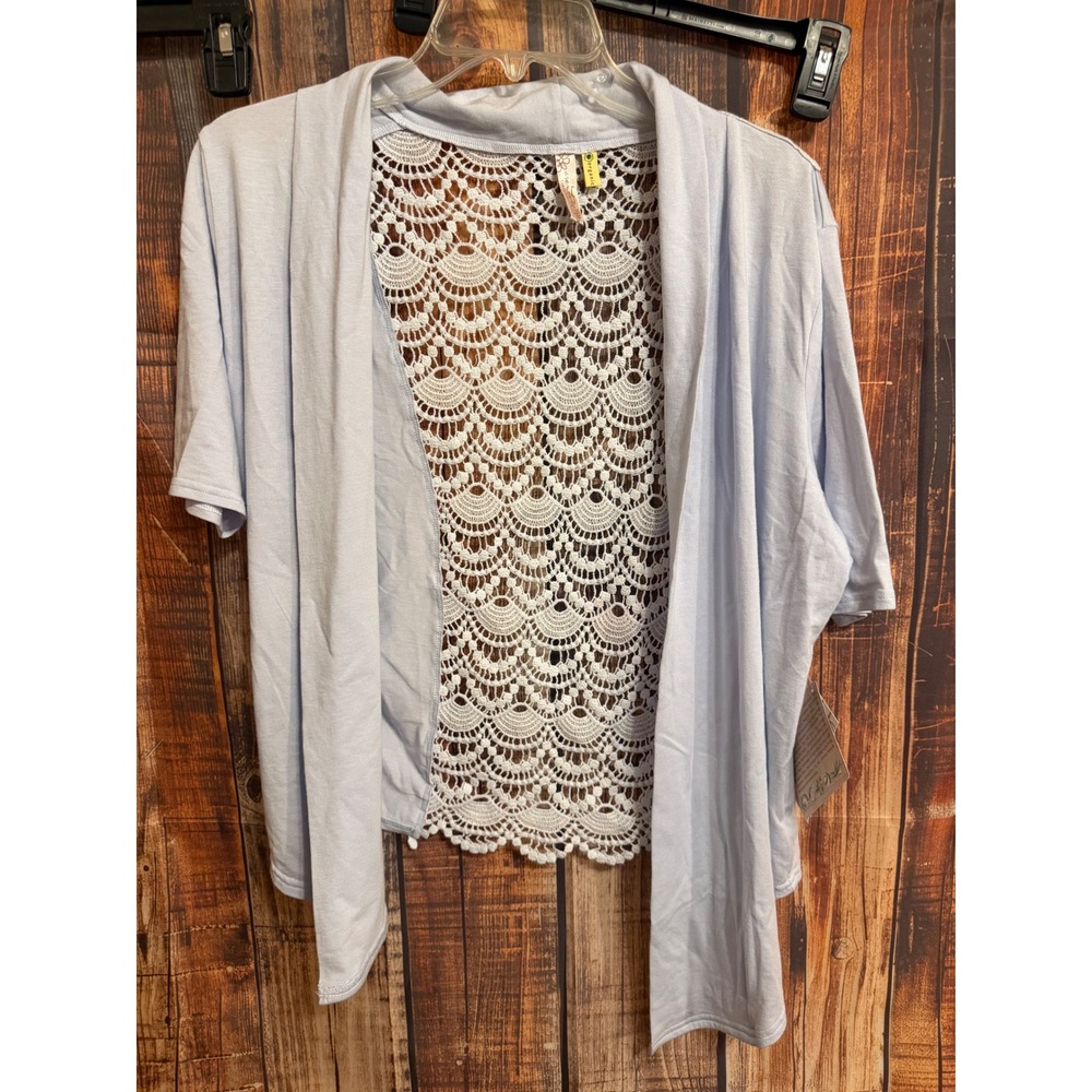 Aventura Clothing Kierra Cardigan Arctic Ice Blue Crochet Lace Back Wrap M NWT